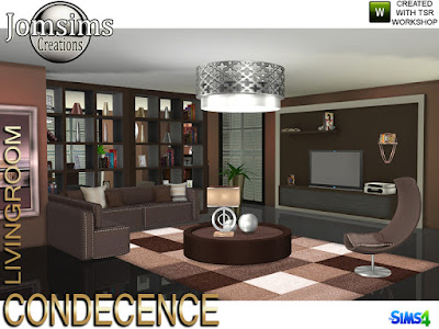 Condecence living room Condecence гостиная для The Sims 4 Здесь современность, комфорт и приятная мебель, с Condecence в гостиной. 2 дивана для создания уголка. 1 журнальный столик. 1 кресло. картины. потолочный светильник. 2 мебели. магазин декора для мебели1. подушки для дивана. книги деко. 3 вазы деко. 15 новых современных предметов для ваших симов. Автор: jomsims