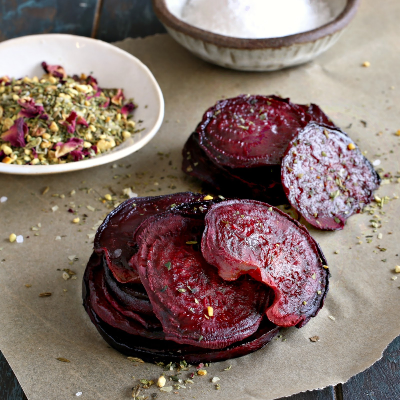 Crispy oven baked beet chips dusted with a mix of toasted pistachio and spices.