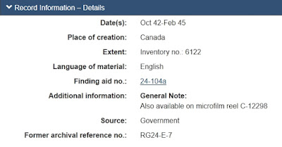 Screen capture of Library and Archives Canada page concerning No. 426 (B) Squadron for Oct 42-Feb 45, Record Information Details.