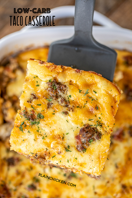 Low Carb Taco Casserole - low on carbs but high on taste! SO good! Everyone cleaned their plate and asked for seconds!! Ground beef, taco seasoning, diced tomatoes and green chiles, cheddar cheese, eggs, sour cream, and heavy cream. It is like a quiche without the crust. Ready in 30 minutes. Can make ahead and refrigerate or freeze for later. #casserole #freezermeal #taco #mexican #lowcarb #keto #glutenfree taco casserole on a spatula