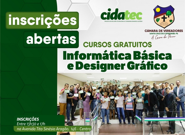 CURSOS GRATUITOS: inscrições abertas para os cursos de Informática Básica e Designer Gráfico oferecidos pela Câmara