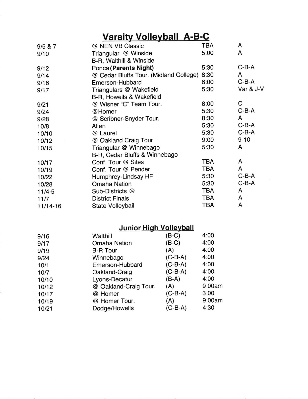 Dr. Cerny's BR Hype BancroftRosalie Fall Sports Schedules