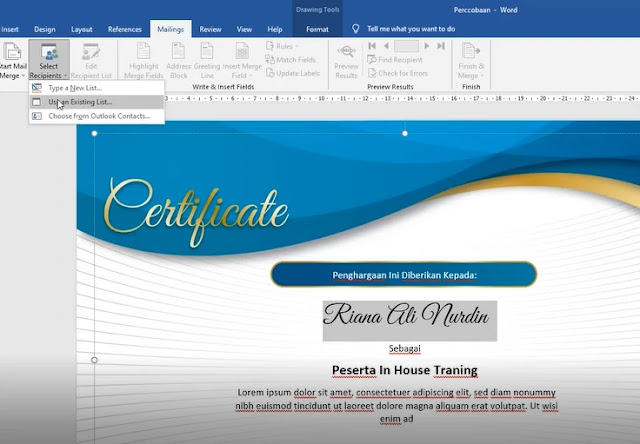 Cara Cepat Membuat sertifikat In house Training Word Dengan Mailing Merge