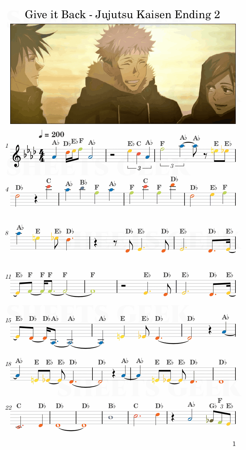 Give it Back - Jujutsu Kaisen Ending 2 Easy Sheet Music Free for piano, keyboard, flute, violin, sax, cello page 1