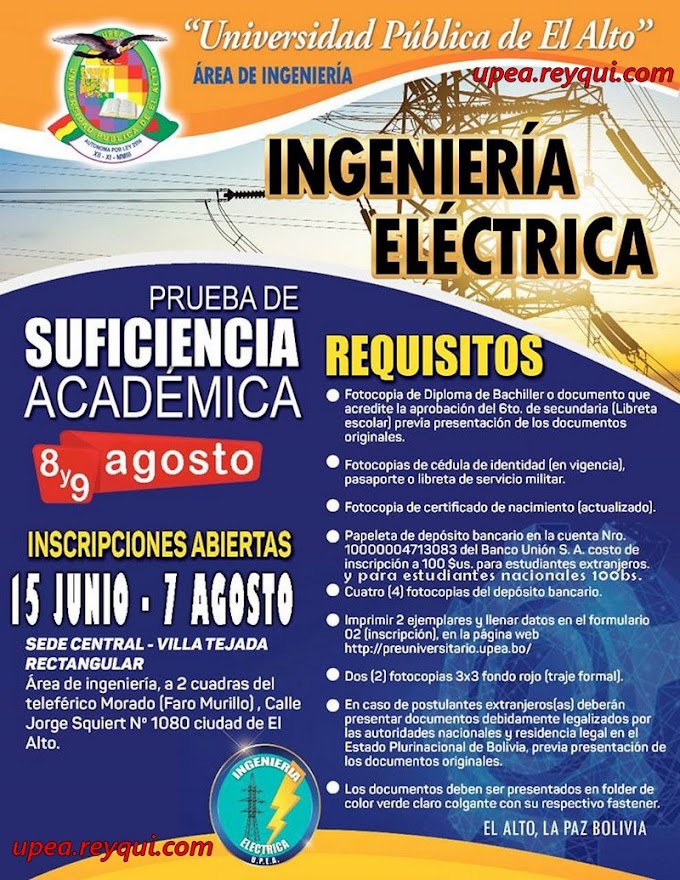 Ingeniería Eléctrica UPEA II/2020: Convocatoria a la Prueba de Suficiencia Académica