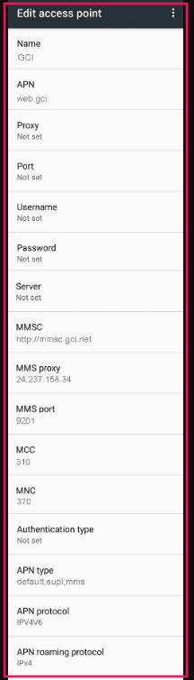 GCI APN Settings for Android