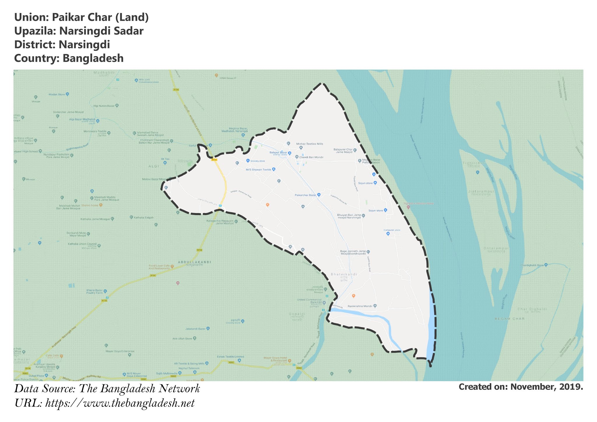 Map of Paikar Char of Narsingdi, Bangladesh.