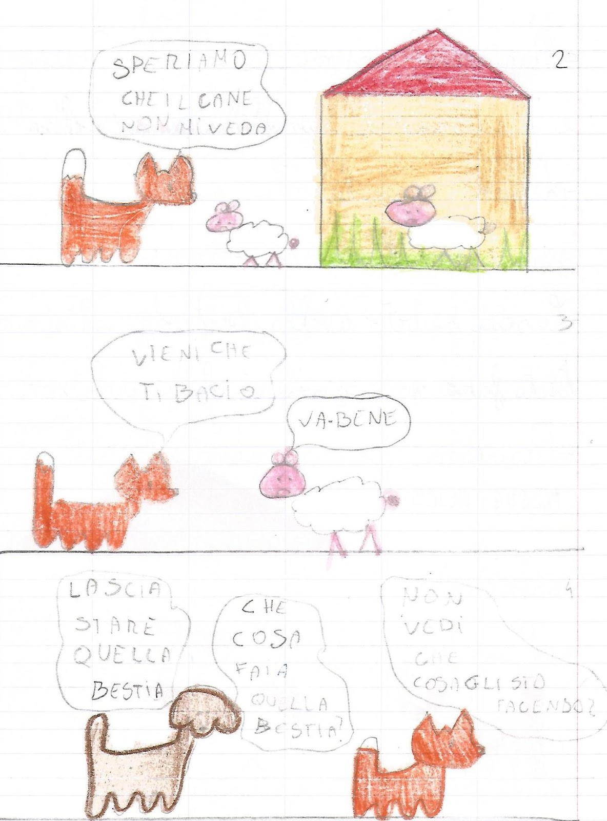Illustro una favola con il disegno e i fumetti. "La volpe e il cane"