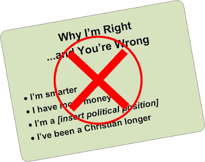 Image of presenter's slide entitled Why I'm Right and You're Wrong listing 4 bulleted reasons but the slide has a big red X indicating that we shouldn't talk this way
