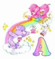 Alfabeto gratis de los Care Bears pintando un arco iris. 