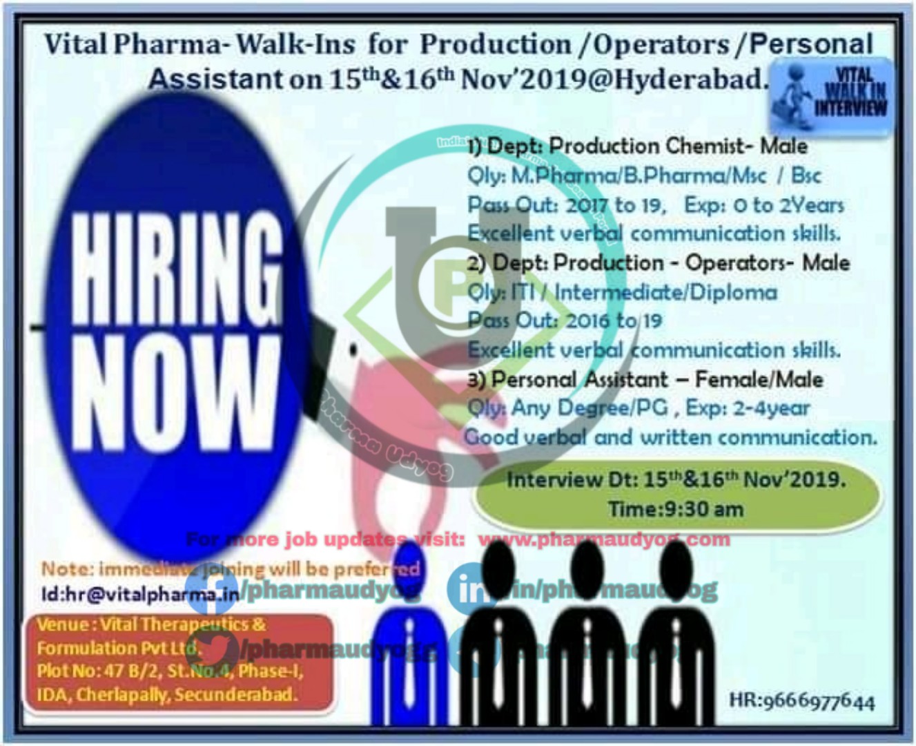 Vital Pharma Walkin at Hyderabad for Production on 15&16 Nov 2019