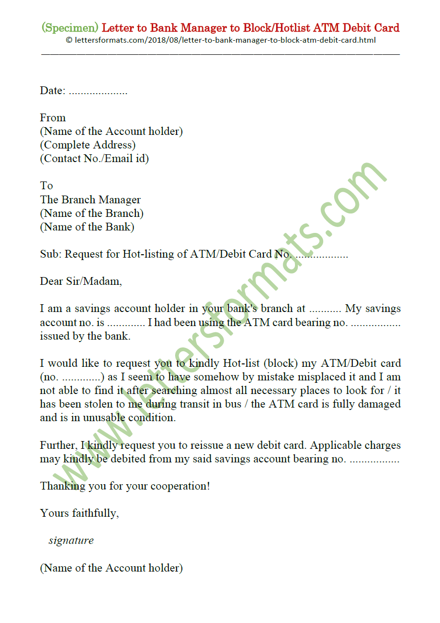 Request Letter to Bank Manager to Block/Hotlist ATM Debit Card
