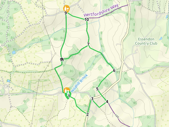 Map for Walk 15: Wildhill Double Loop  Created on Map Hub by Hertfordshire Walker  Elements © Thunderforest © OpenStreetMap contributors  Note: There is a larger, more-detailed map embedded at the end of these directions