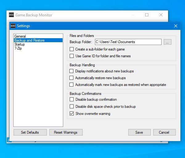 Monitor de copia de seguridad del juego para PC con Windows