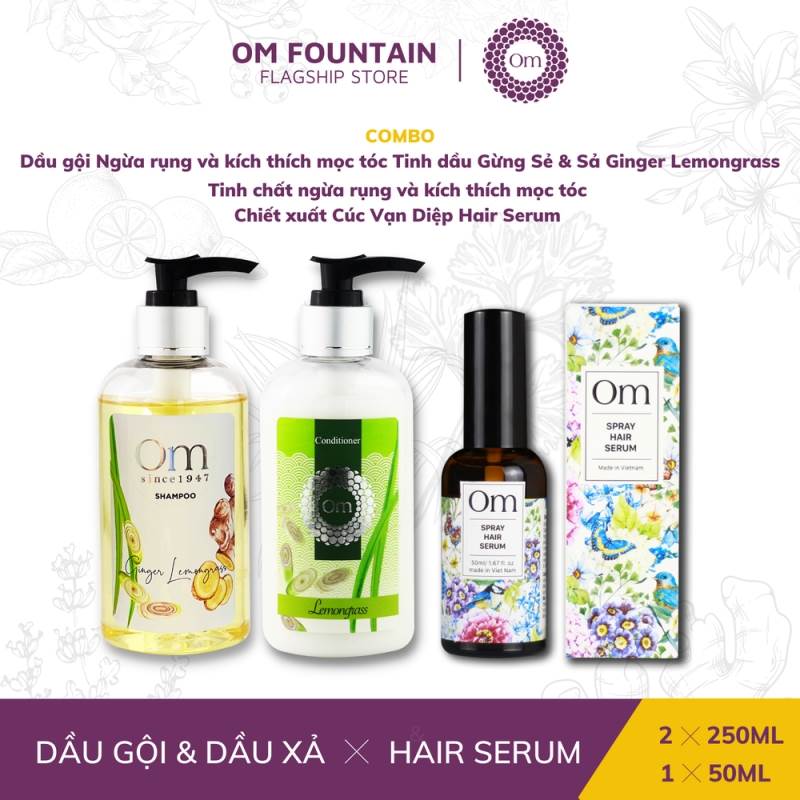 [COMBO 2] DẦU GỘI VÀ DẦU XẢ NGỪA RỤNG VÀ TINH DẦU GỪNG SẺ & SẢ + TINH CHẤT CHIẾT XUẤT CÚC VẠN DIỆP HAIR SERUM 50ML – OM FOUNTAIN