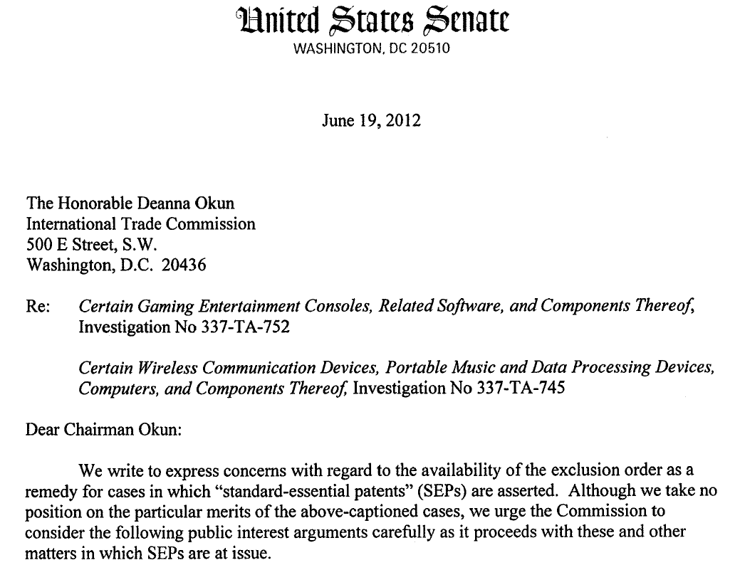 FOSS Patents: Six senators oppose exclusion orders over standard
