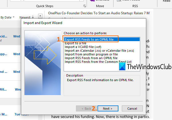 utiliser l'exportation des flux rss vers un fichier opml dans l'assistant d'importation et d'exportation