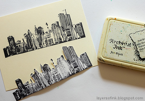 Layers of ink - Wanderlust Inky Card Tutorial with stamping and stenciling by Anna-Karin Evaldsson. Stamp and mask the city.