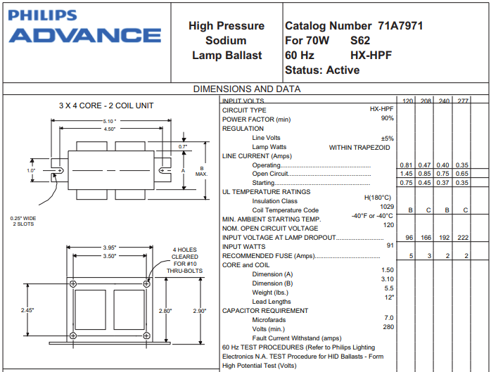 PHILIPS ADVANCE High Pressure Sodium Ballast 70 Watt ANSI S62