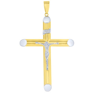 14K Two-Tone Gold Large Cross INRI Crucifix with Jesus Christ Pendant