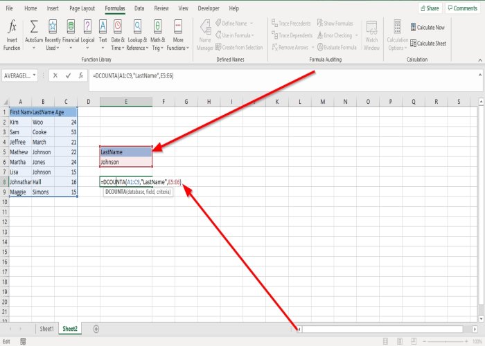ExcelでDCOUNTおよびDCOUNTA関数を使用する方法