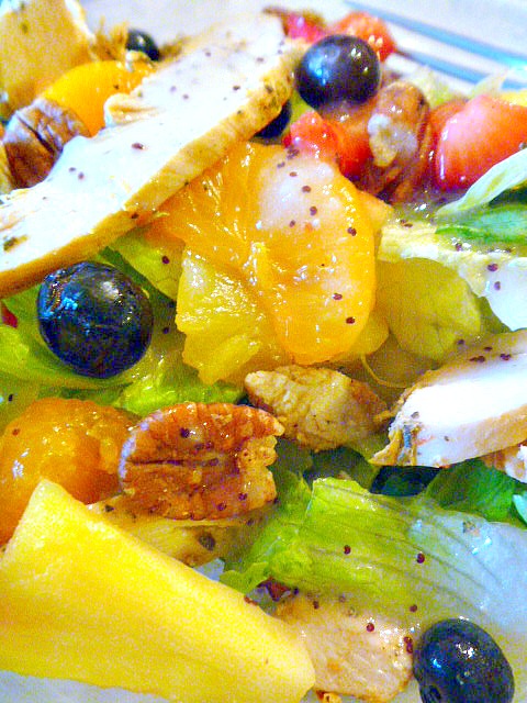 California Salad: A delicious salad filled with fresh fruit and moist roasted chicken, doused with a sweet dressing!  Slice of Southern