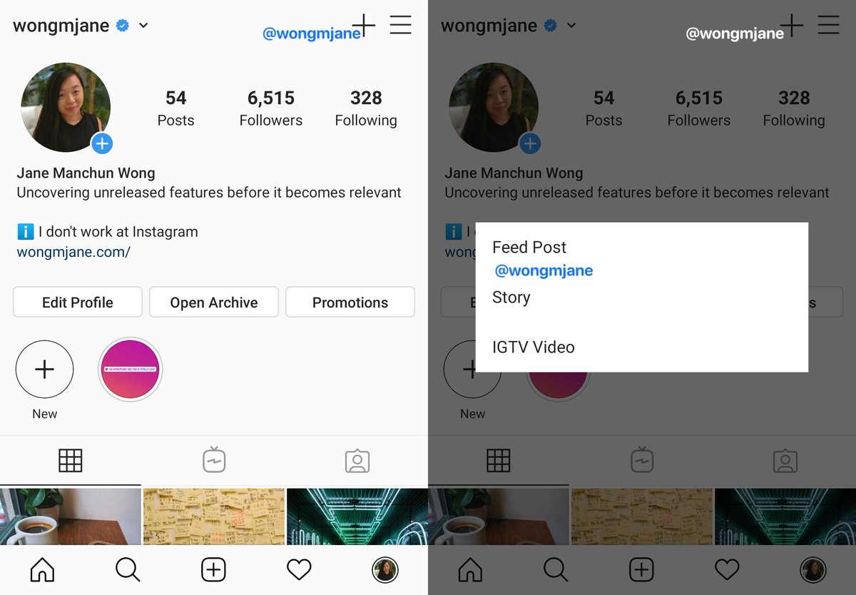 Instagram is testing a button on profile for creating different kinds of content