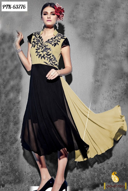 Beige and Black Color Santoon Frill Style Party Wear Anarkali Kurtis Tunics Online Shopping with Lowest Rate Price Cost at Pavitraa.in