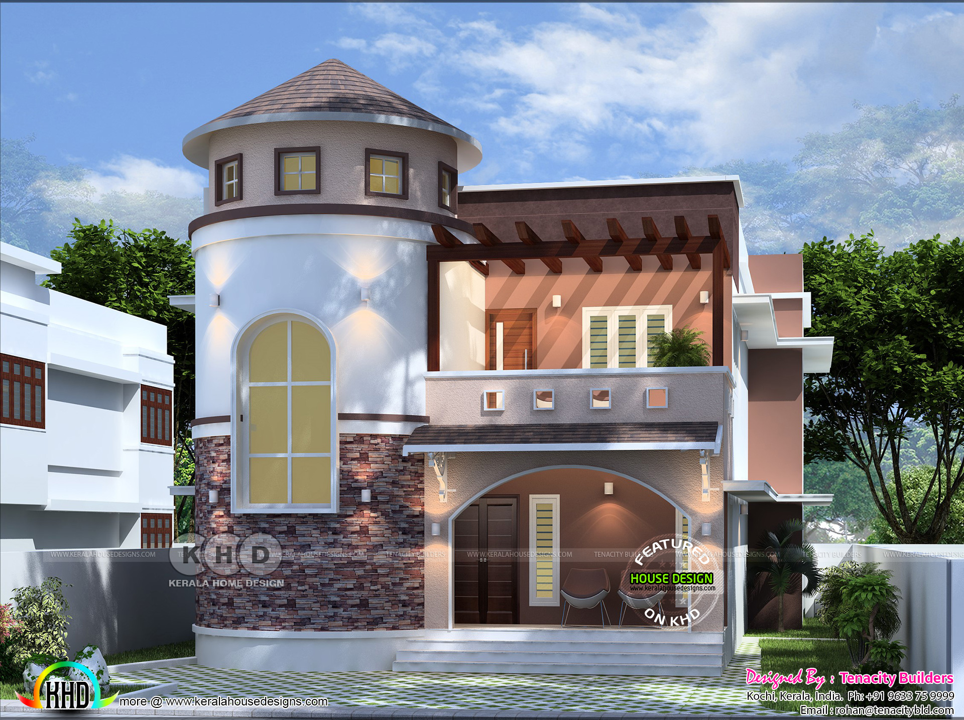 Israel Fusion house elevation with floor plan - Kerala home design and