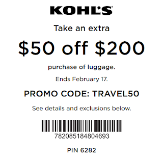 Kohls coupon $50 OFF $200 Luggage purchase Feb 17