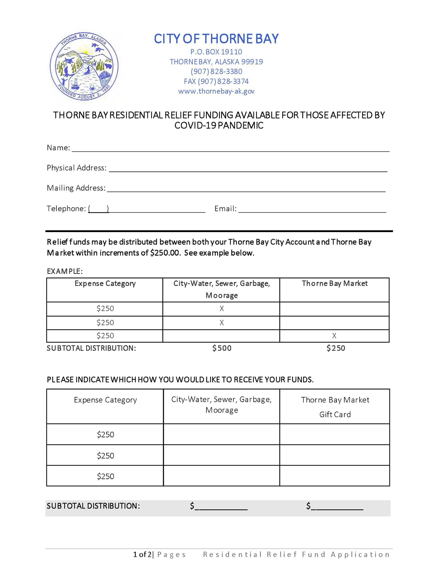 Thorne Bay Residential Utility & Grocery Assistance Application P.O.W