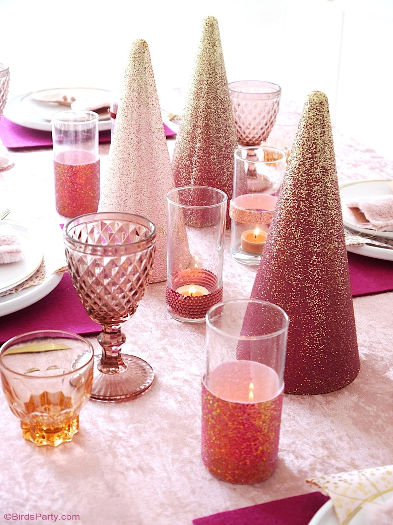 Pink Sugar Plum Christmas Tablescape + FREE Printables - ideas on styling and DIY table decor projects for the holidays! by BirdsParty.com @birdsparty #Christmas #tablescape #pinkChristmas #sugarplumChristmas #sugarplum #Christmastablescape #Christmasdecor #Christmastable #tablesetting #tabledecor