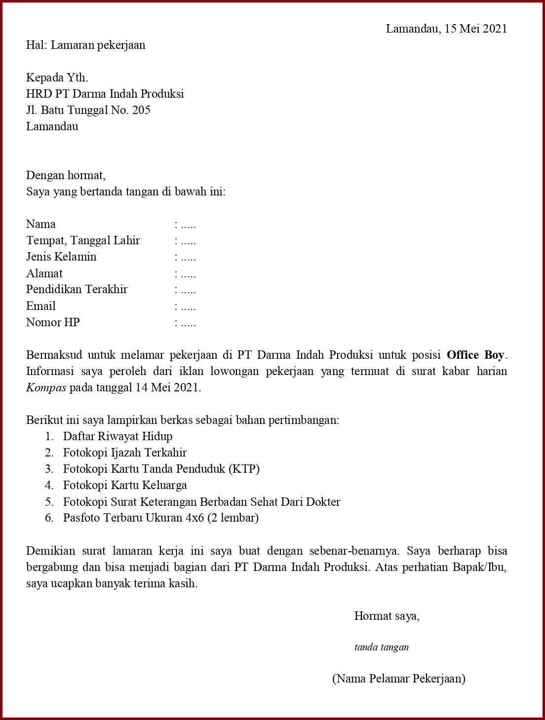 Contoh Surat Lamaran Kerja Untuk Office Boy (Fresh Graduate) Tanpakoma