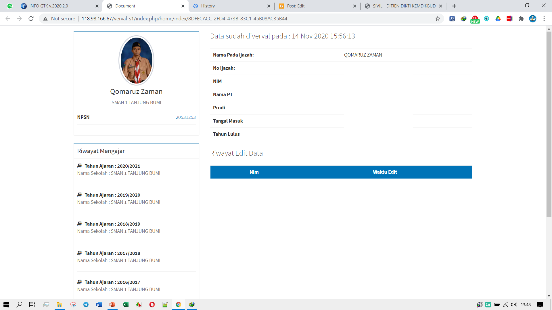 Cara Cek Hasil Validasi Data Verval Ijazah di Info GTK Untuk Seleksi