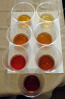 The seven beers arranged by color.