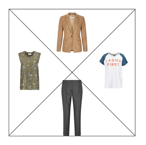 Базовые брюки и жакет, топы с принтом Базовые серые брюки, жакет цвета camel, топ с принтом и футболка с надписью для капсульного гардероба в повседневном стиле Casual