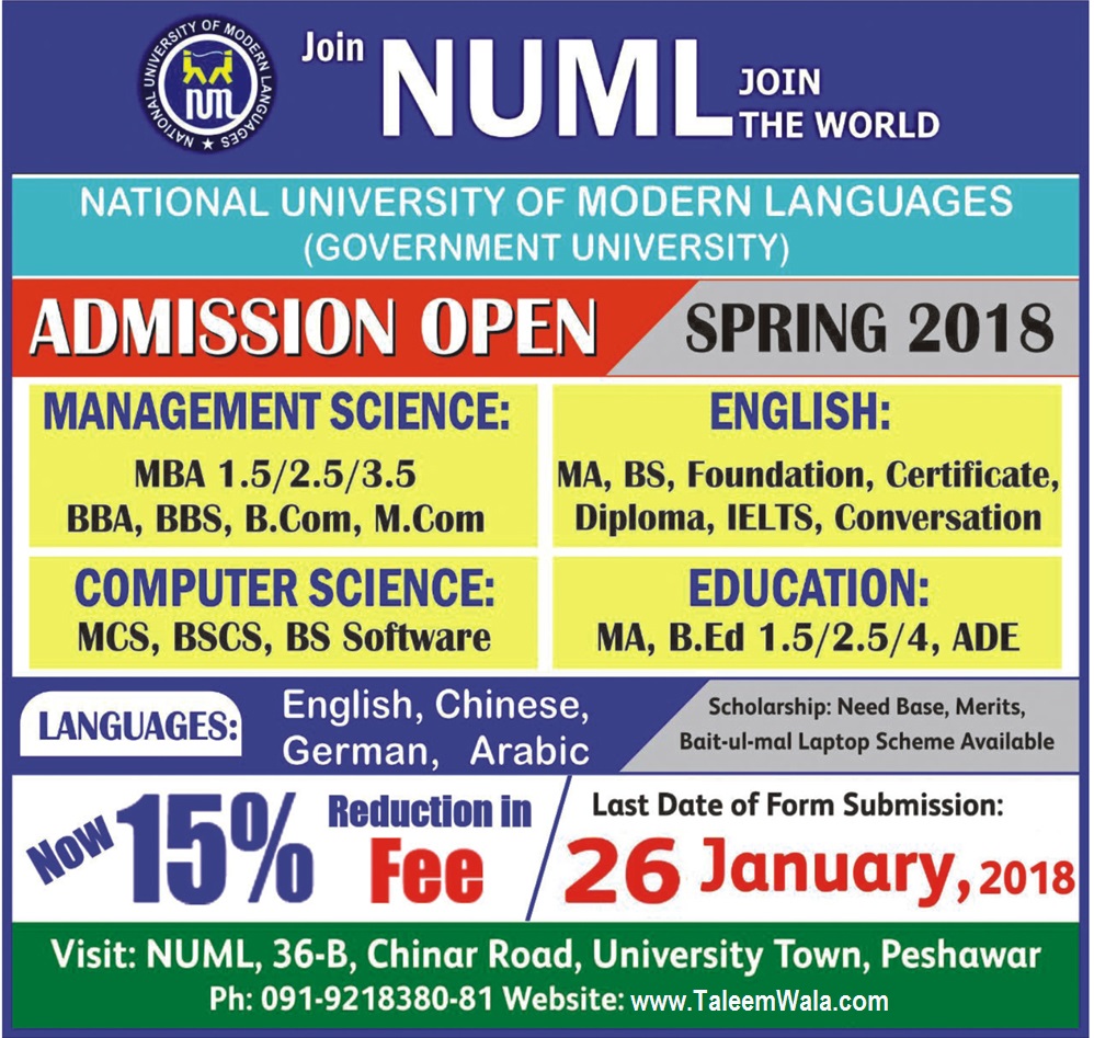 Admissions Open in NUML (National University of Modern Language) Peshawar