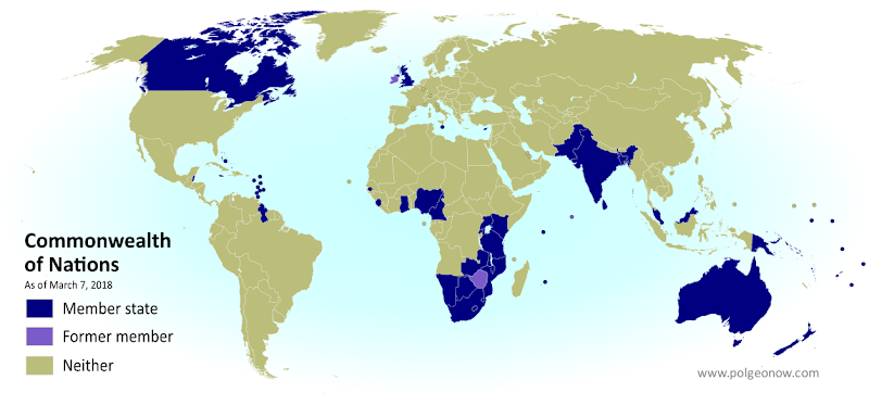 The Commonwealth: Who belongs to it? Map of current and former member countries of the Commonwealth of Nations (British Commonwealth) as of March 2018 (colorblind accessible).