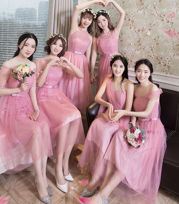 2017 6-design Pink Past Knee Length Dress Bridesmaid Dress