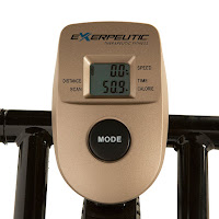 Exerpeutic Gold XL9 Aero's monitor with LCD display that shows time, speed, distance, calories, scan
