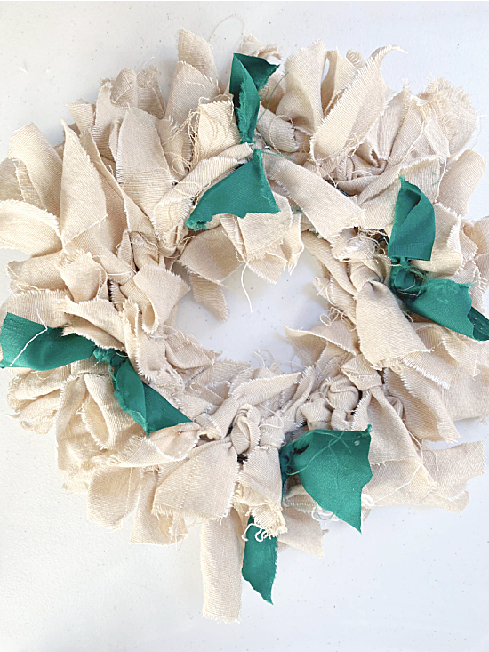 rag wreath with green accents