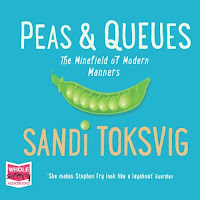 Peas & Queues: The Minefield of Modern Manners audiobook cover. The title appears in white text on a teal background with a pea pod in the centre, and the author's name beneath. A stray pea forms the dot above the i in 'Sandi'