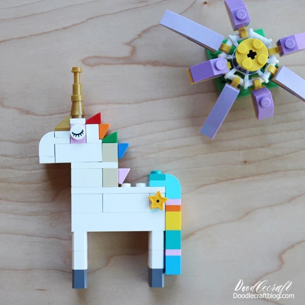 Build the most epic Lego Unicorn with a rainbow colored mane, gold tiara and horn, rainbow colored waterfall tail and star cutie mark on the flank!
