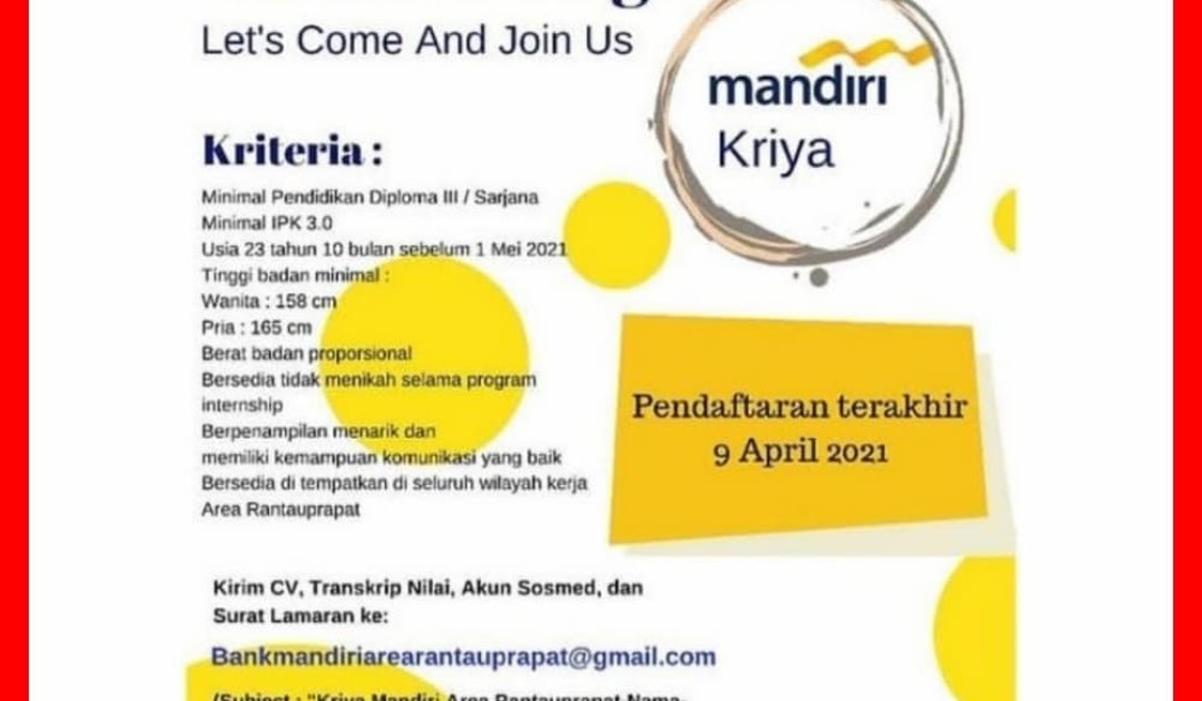 Lowongan Kerja Bumn D3 S1 Di Pt Bank Mandiri Persero Tbk Medan April 2021 Lowongan Kerja Medan Terbaru Tahun 2021