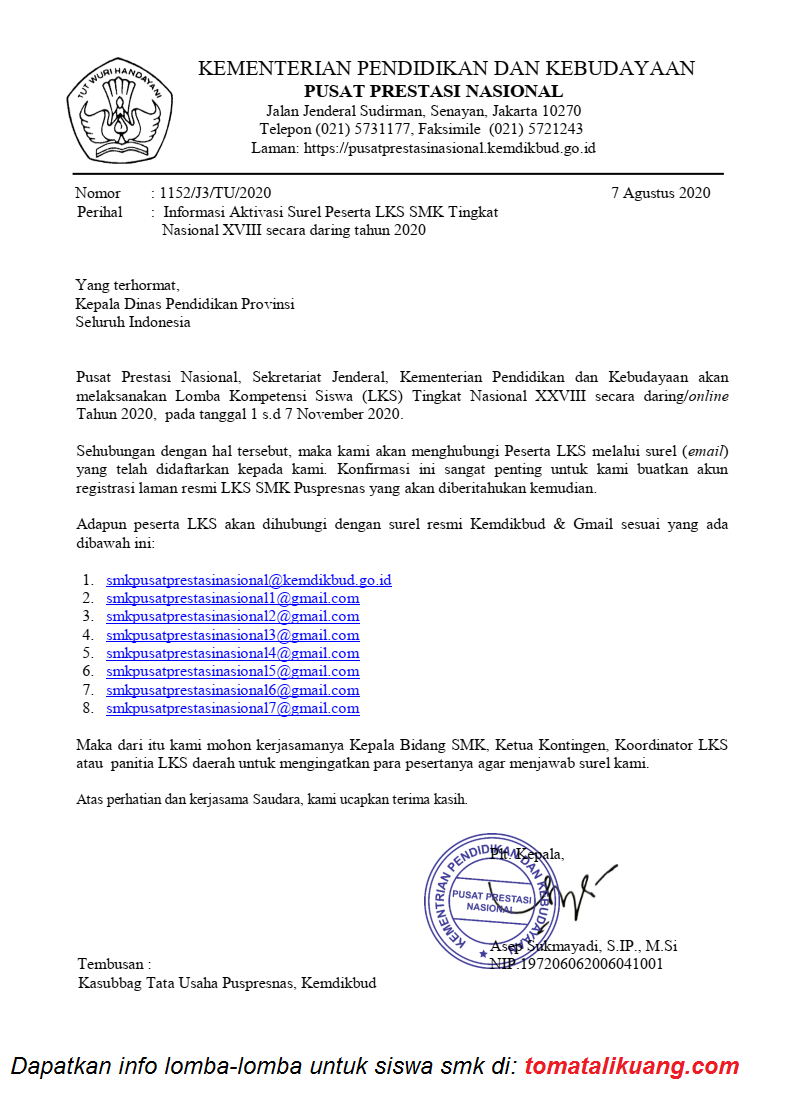 Peserta LKS SMK Nasional XVIII Daring Tahun 2020 Dihimbau Konfirmasi E
