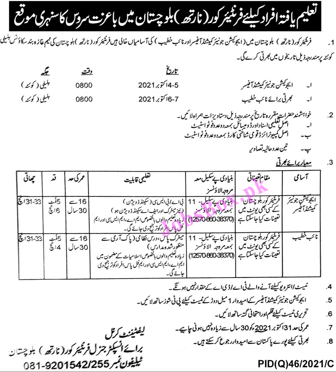 Frontier Corps FC North Balochistan Jobs 2021 – Join FC Jobs