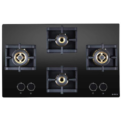 Elica Hob 4 Burner Auto Ignition Glass Top - 2 Mini Triple Ring and 2 Double Ring Brass Burner (Flexi PRO FB 4B 70 MT DX)