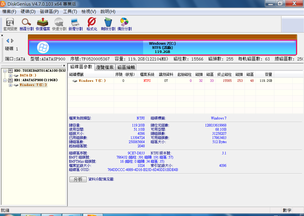 檔案救援、磁碟分割、格式化、備份磁區，多功能硬碟工具，最新版DiskGenius V4.7.0 繁體中文綠色免安裝版！