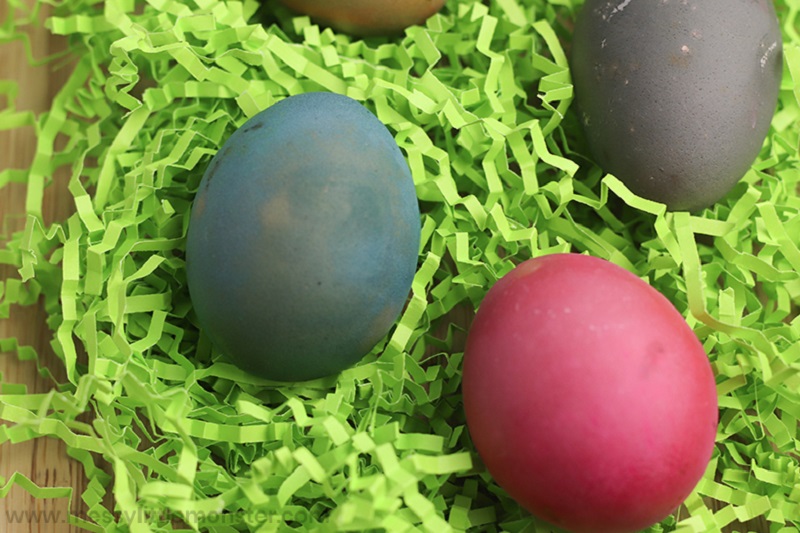 brown eggs dyed with natural food dyes for Easter