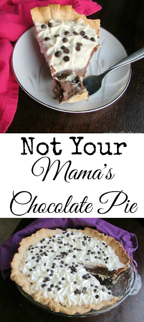This isn't your mama's chocolate pie, but it just might be better. More rich creamy chocolaty filling topped with a cream cheese whipped cream for the perfect chocolate treat! This isn't your mama's chocolate pie, but it just might be better. More rich creamy chocolaty filling topped with a cream cheese whipped cream for the perfect chocolate treat!